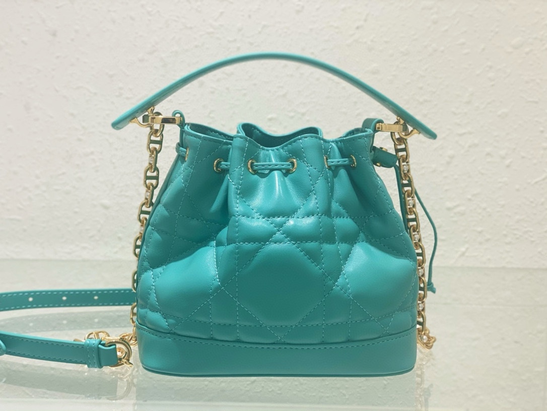 Small Dior Jolie Bucket Bag Aquamarina Macrocannage Lambskin and Calfskin